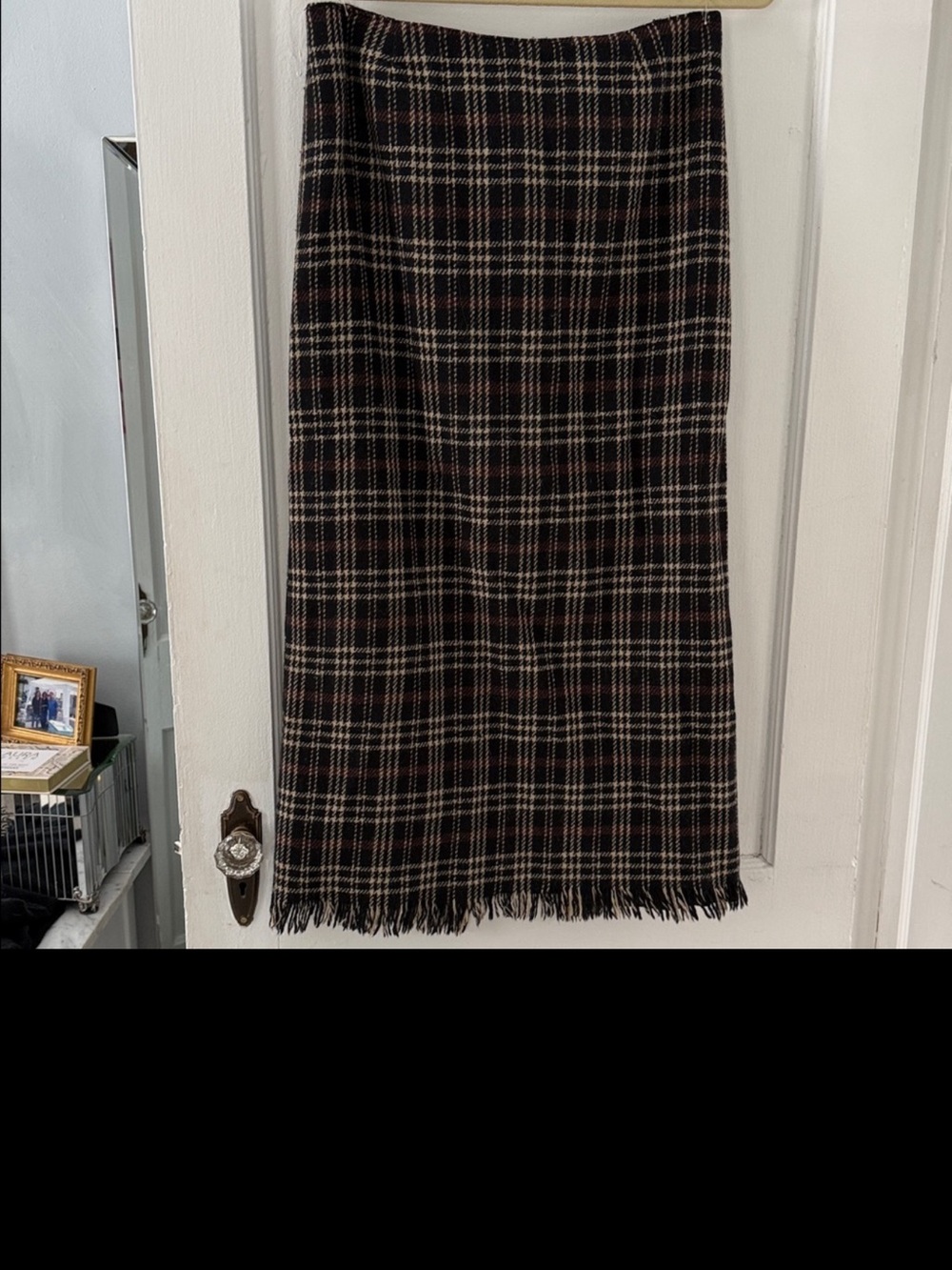 Vintage Plaid Fringed Midi Skirt in Black and Brown